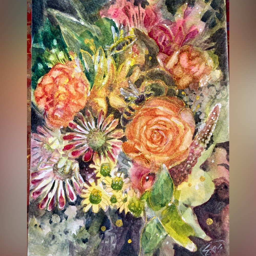 Honeybee floral Original painting garden art surreal nature nouveau by artist US